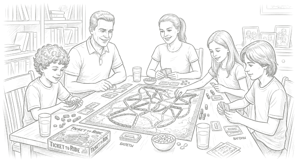 Семья за настольной игрой Ticket to Ride, карандашный скетч