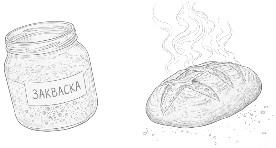 Банка закваски и хлеб, карандашный скетч