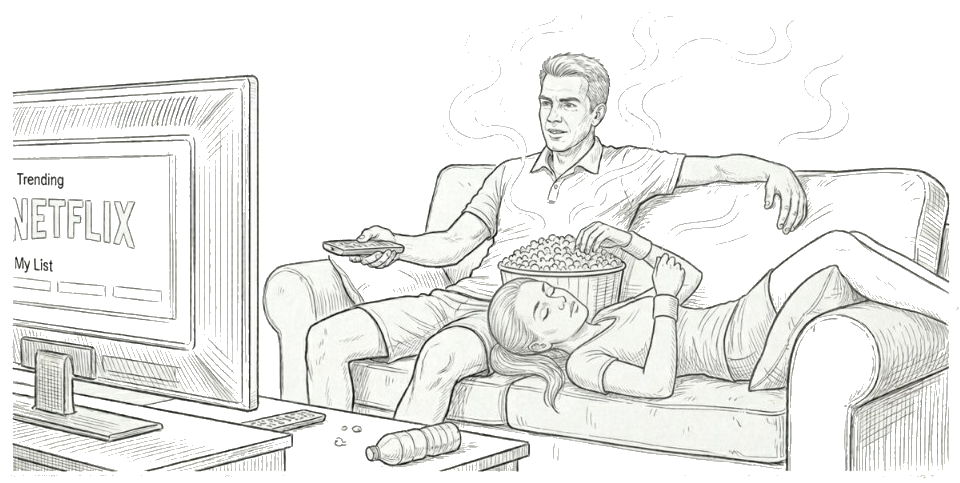 Пара на диване смотрит Netflix